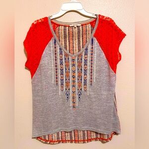Miss Me Jeans Gray/Orange Crystal Rhinestone Chevron Cap Sleeve Knit Top.
